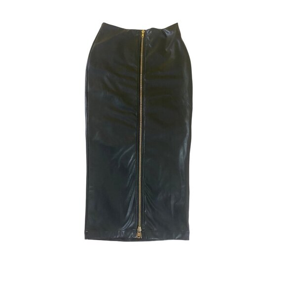 Queen Maria Women's Front Zip Black Faux Leather Midi Skirt - Medium - Picture 1 of 12